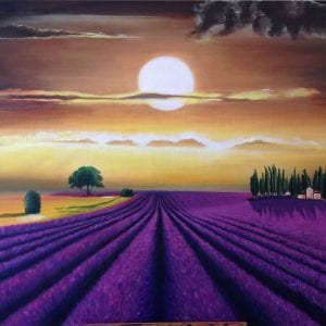 schilderij van lavendelvelden en ondergaande zon door linda vd bergh