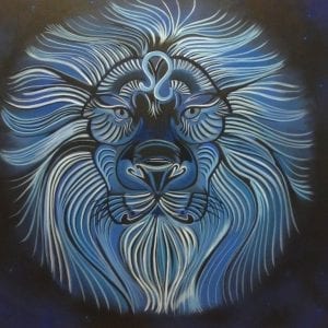 leeuw in blauwe tinten, olieverf op doek door linda vd bergh