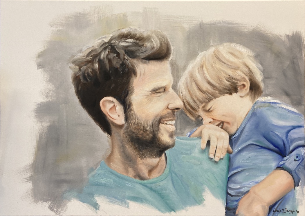 Portret olieverf vader en zoon door kunstschilder Linda van den Bergh van atelier Artstudio linda Amstelveen