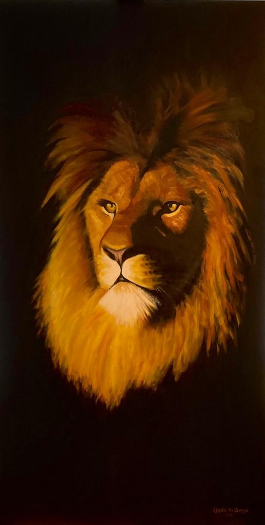 Schilderij van leeuw, olieverf door kunstschilder Linda van den Bergh, atelier Artstudio linda
