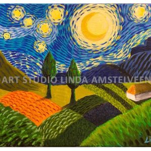 Schilderworkshop van Gogh Sterrennacht, Art studio Linda Amstelveen