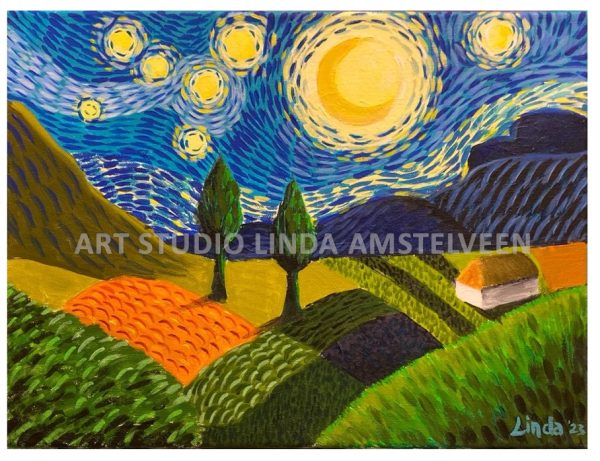 Schilderworkshop van Gogh Sterrennacht, Art studio Linda Amstelveen