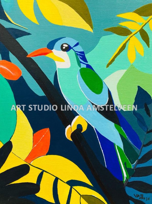 Kleurrijke vogel op een tak, Art Studio Linda Amstelveen