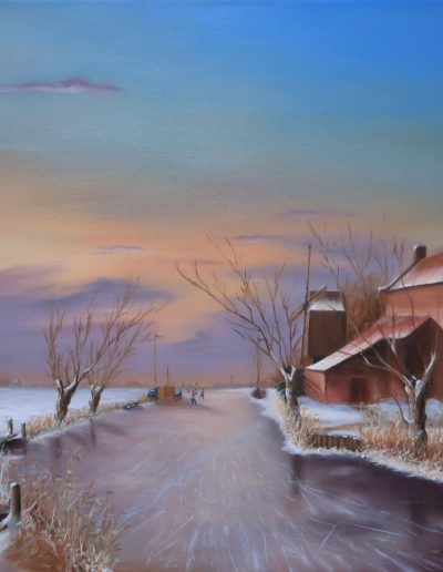 Winterlandschap geschilderd door Aldert bij Art Studio Linda Amstelveen